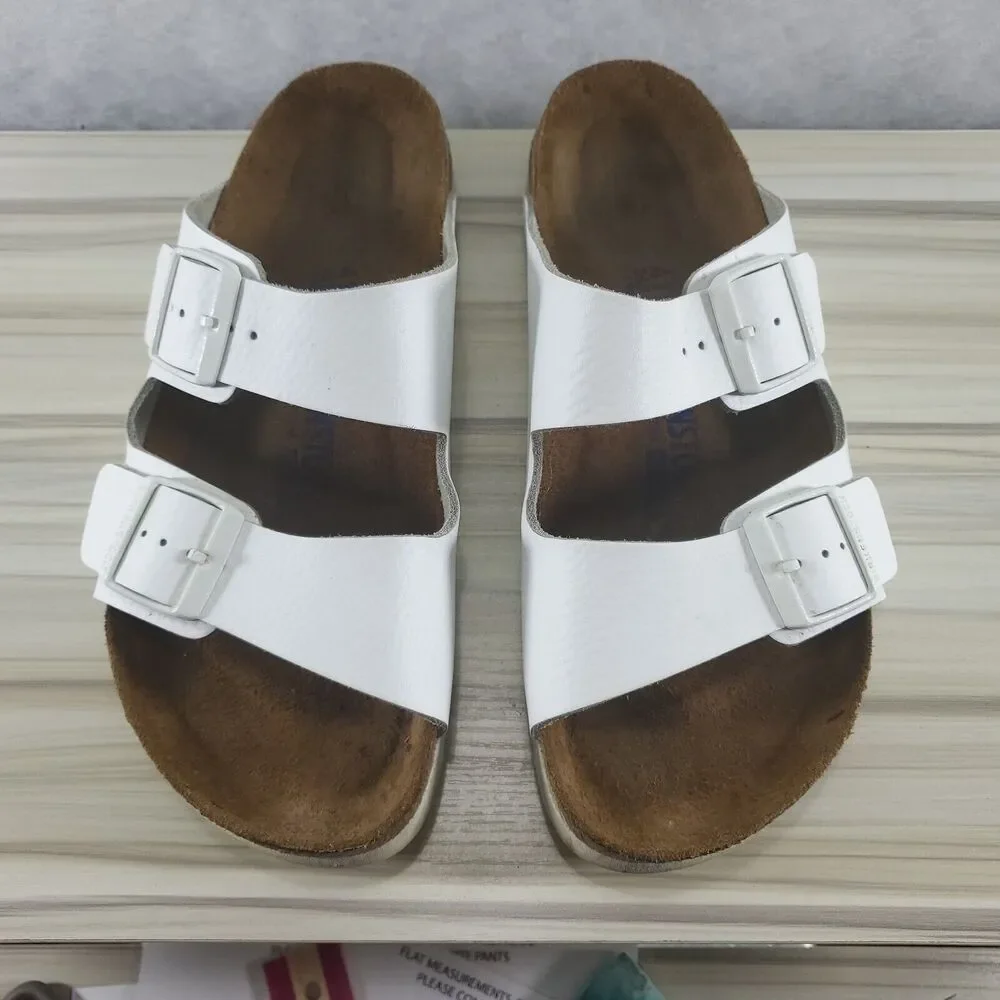 Sz 10 N Narrow Women's Birkenstock White Leather Arizona Sandals White Buckle